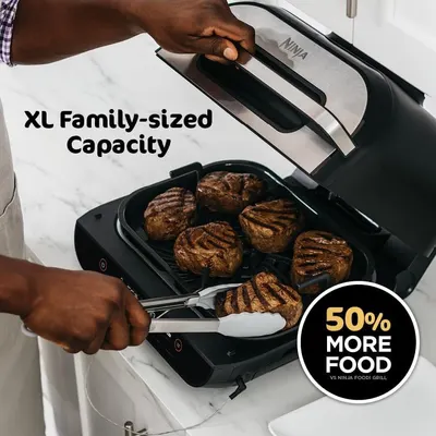 Communicates the product's large cooking capacity with a quantifiable comparison stat to show it can cook significantly more food than a competitor product, appealing to families and those cooking…