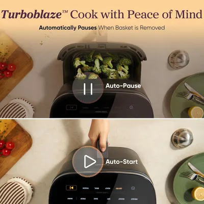 Demonstrates how the Turboblaze air fryer automatically pauses when the basket is removed and resumes when replaced, reassuring shoppers of convenient and safe operation. Highlights the automatic…