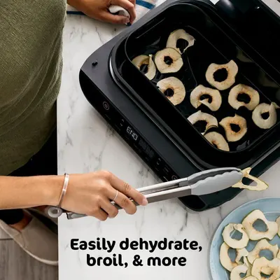 Demonstrates the product's versatility by showing it can perform multiple cooking functions like dehydrating and broiling, reassuring shoppers of its multi-use capability. Communicates the core…