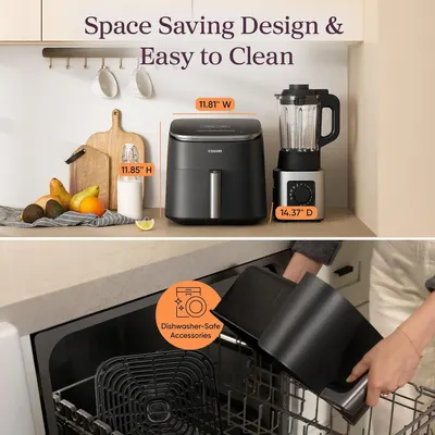 Communicates the product's compact footprint with exact measurements to reassure shoppers it will fit on their countertop without taking up excessive space. Highlights the convenience of easy…