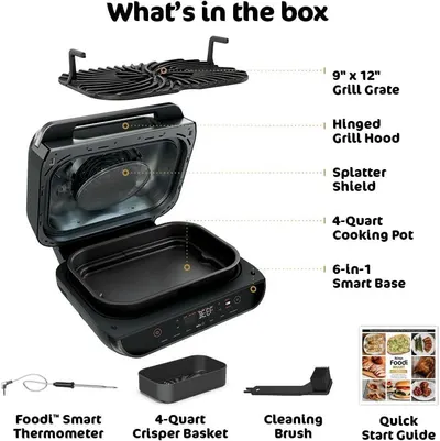 Shows the customer everything included in the purchase—the main grill unit with all its components, plus accessories like thermometer, crisper basket, cleaning brush, and quick start guide—to…