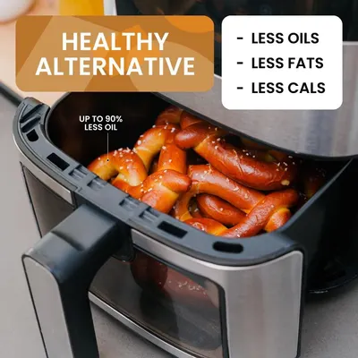 Communicates the air fryer's health benefits by highlighting the quantifiable reduction in oil usage (up to 90% less) and resulting lower fat and calorie content, positioning it as a healthier…