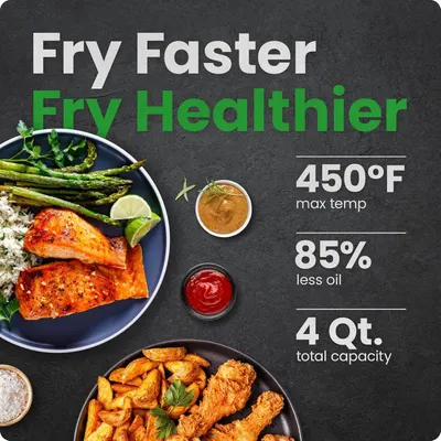 Communicates multiple key benefits of the air fryer in a segmented layout: faster and healthier cooking at 450°F max temp, 85% less oil for healthier meals, and 4 Qt. total capacity for family-sized…