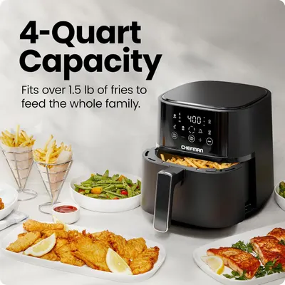 Communicates the large capacity of the air fryer (4 quarts, fits over 1.5 lb of fries) to reassure shoppers it can feed the whole family. Highlights the benefit of being able to cook enough food for…