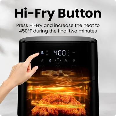 Highlights the Hi-Fry button feature that allows users to increase heat to 450°F for crispy results, demonstrating ease of use and cooking performance.