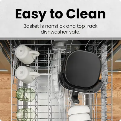 Communicates that the product basket is convenient to maintain, being nonstick and dishwasher safe, reducing cleanup effort for the shopper.