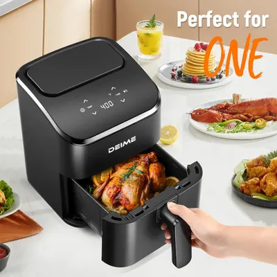 Demonstrates the air fryer's versatility by showing multiple types of dishes it can prepare (pancakes, lobster, chicken, fried foods), reassuring shoppers that this one appliance can handle diverse…