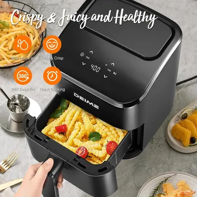 Communicates multiple key benefits of the air fryer in a segmented layout with icons, emphasizing healthier cooking, taste quality, comprehensive frying capability, and speed to convince shoppers of…