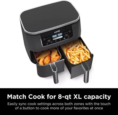 Highlights the Match Cook feature that allows users to easily sync cooking settings across both 8-qt zones with one button, emphasizing convenience and the ability to cook more food at once.