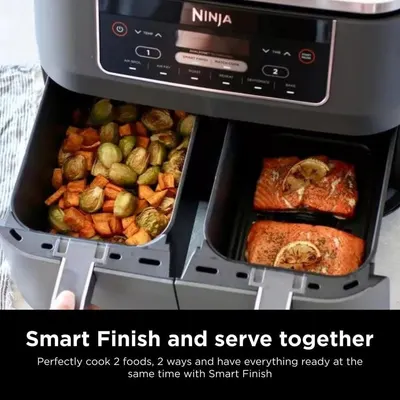 Communicates the Smart Finish feature that allows users to cook two different foods in separate zones and have them finish at the same time, emphasizing convenience and meal coordination.
