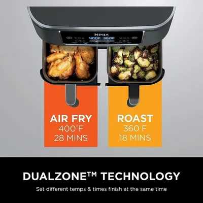 Communicates the product's unique dual-zone cooking capability that allows users to cook two different foods at different temperatures and times simultaneously, emphasizing convenience and…