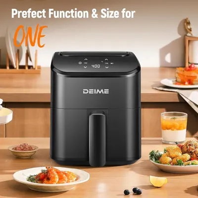 Communicates that this air fryer is perfectly sized for one person, emphasizing its compact footprint and ideal functionality for individual use. Highlights the product's suitability for…