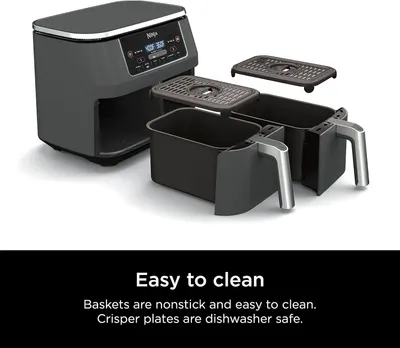 Shows all the components included with the air fryer to demonstrate what the customer receives and highlight the easy-to-clean nonstick baskets and dishwasher-safe crisper plates. Communicates the…
