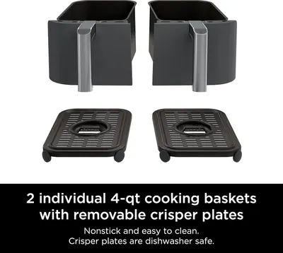Shows the customer exactly what components are included with the product—two 4-quart cooking baskets and two removable crisper plates—while highlighting the nonstick coating and dishwasher-safe…