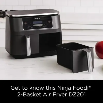 Shows the customer what's included with the air fryer purchase, specifically highlighting the dual-basket feature and removable components.