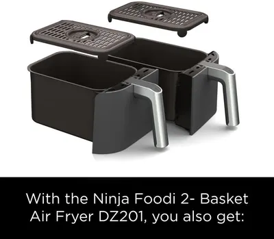 Shows shoppers all the components included with the Ninja Foodi air fryer purchase, highlighting the dual-basket system and accessories to communicate value and versatility.