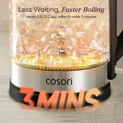 Communicates the product's rapid heating performance by highlighting that it can heat 0.5L (2 cups) of water in under 3 minutes, emphasizing speed and efficiency to appeal to time-conscious…