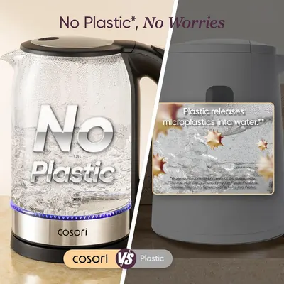 Demonstrates that the Cosori kettle is made without plastic components, contrasting it with generic plastic kettles that release microplastics into water, positioning the product as a safer and…