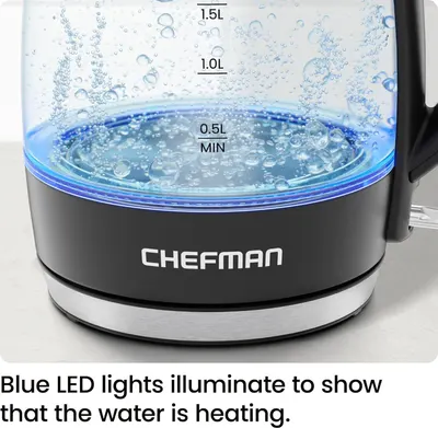 Communicates that the blue LED lights provide a visual cue to show when the water is actively heating, offering convenience and safety awareness to the user.