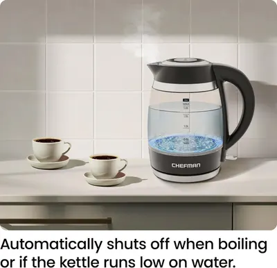 Communicates the kettle's automatic shut-off safety feature that activates when water boils or runs low, reassuring shoppers about safe and convenient operation.