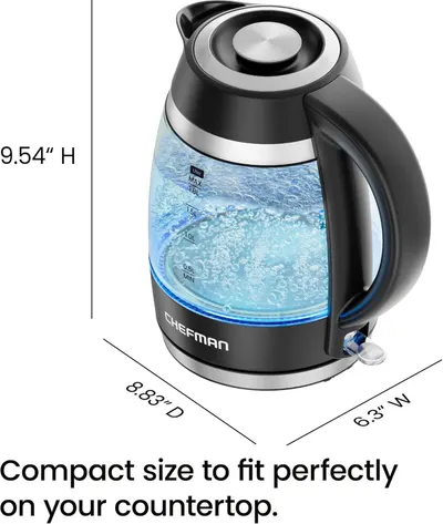 Communicates the exact physical dimensions of the kettle to reassure shoppers it will fit comfortably on their countertop without taking up too much space. Highlights the compact,…