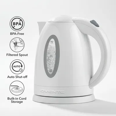 Communicates multiple key safety and convenience features of the electric kettle to reassure shoppers about product quality and ease of use.