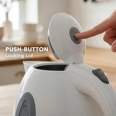 Demonstrates the convenient push-button lid mechanism that allows for easy, one-handed opening, emphasizing user-friendly design and ease of use.
