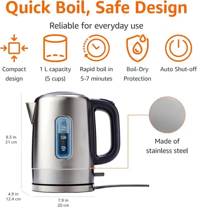 Communicates multiple key benefits and features of the electric kettle in a segmented layout, including speed, safety, capacity, and material quality to help shoppers understand the product's value…