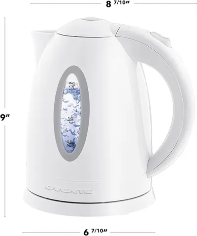 Communicates the exact physical size of the electric kettle to help shoppers understand how much counter space it will occupy and whether it fits their needs. Highlights the kettle's 1.7-liter water…