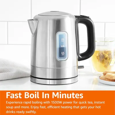 Communicates the kettle's rapid boiling capability using a prominent performance metric (1500W power) to reassure shoppers that it heats water quickly and efficiently for tea, soup, and other hot…