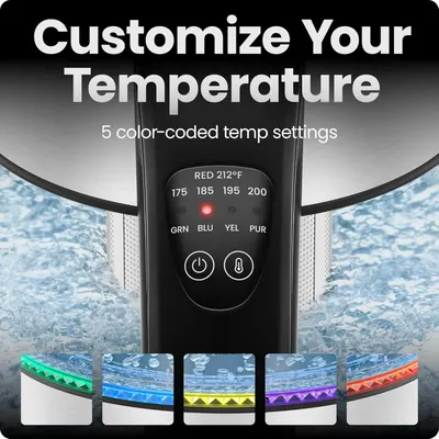Highlights the product's customizable temperature control feature with 5 color-coded settings, showing shoppers how to adjust and personalize their experience. Communicates the key benefit of…