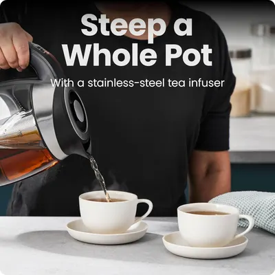 Highlights the product's ability to steep a whole pot of tea using a built-in stainless-steel infuser, emphasizing convenience and capacity for serving multiple cups.