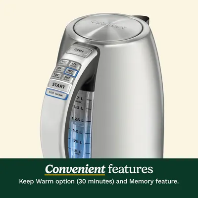 Highlights the convenient features of the kettle, specifically the Keep Warm option that maintains temperature for 30 minutes and the Memory feature, reassuring shoppers of ease of use and…