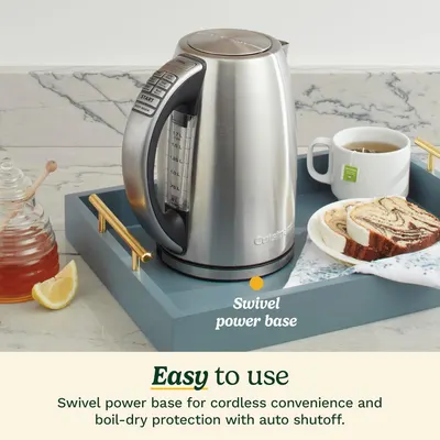 Highlights the ease of use provided by the swivel power base, which offers cordless convenience and safety features like auto shutoff and boil-dry protection.
