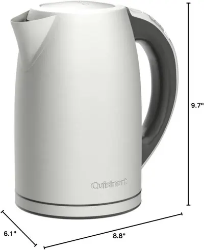 Communicates the exact physical dimensions of the electric kettle (9.7" height, 8.8" length, 6.1" width) to help shoppers understand the product's footprint and whether it will fit in their kitchen…