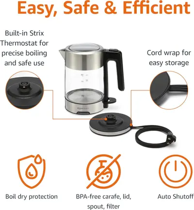 This image breaks down the electric kettle's key physical components and safety features using callout circles and icons, helping shoppers understand the product's construction and built-in safety…