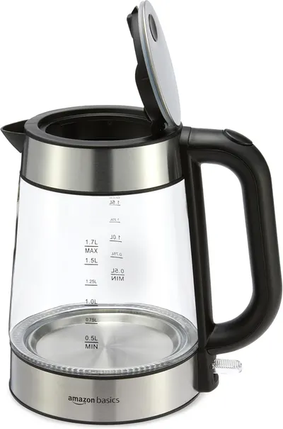 Provides a clean, catalog-style view of the electric kettle showing its design, glass body with measurement markings, and open lid to help shoppers understand the product's appearance and capacity.