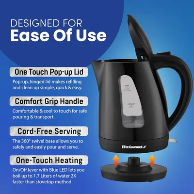 Communicates multiple distinct benefits of the electric kettle in a segmented layout, highlighting ease of use, safety, convenience, and fast heating to help shoppers understand the product's key…