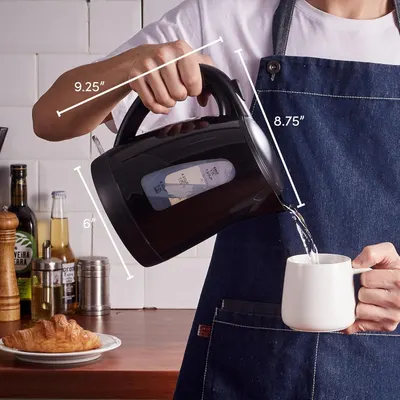 Communicates the exact physical dimensions of the kettle to help shoppers understand its size and whether it will fit their kitchen space and storage needs.
