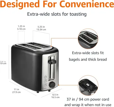 Communicates multiple convenience features of the toaster including extra-wide slots for versatile toasting and a long power cord with wrap storage for easy organization.