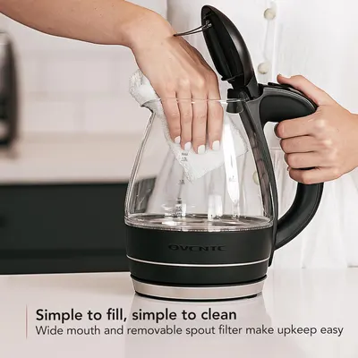 Demonstrates how simple it is to clean and maintain the kettle by showing the wide mouth opening and removable spout filter, reassuring shoppers about ease of upkeep. Highlights the convenience…
