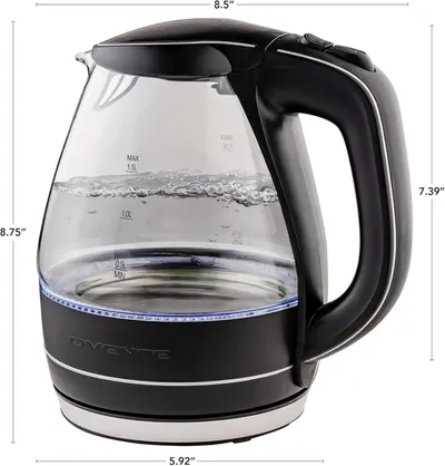 Communicates the exact physical dimensions of the electric kettle (8.5" width, 7.39" height, 8.75" depth, 5.92" base) to help shoppers understand the product's size and whether it will fit in their…
