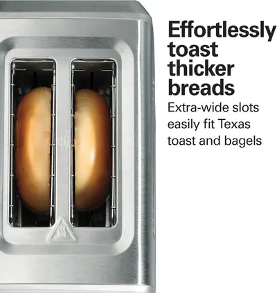 Communicates that the toaster's extra-wide slots can accommodate thicker bread types like Texas toast and bagels, solving a common pain point for shoppers who want versatility in their toaster.