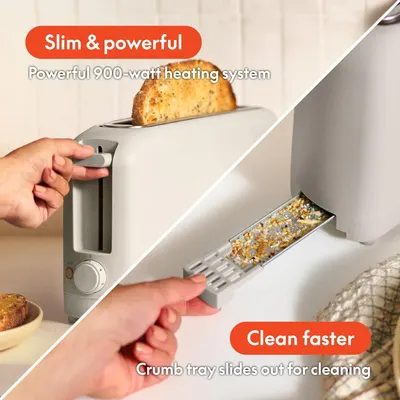 Communicates two distinct product benefits in a visually segmented layout: the powerful heating performance and the convenient cleaning feature, reassuring shoppers of both functionality and ease of…