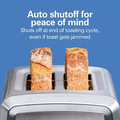 Reassures shoppers that the toaster has a safety feature that automatically shuts off at the end of the toasting cycle, even if toast gets jammed, providing peace of mind and preventing potential…