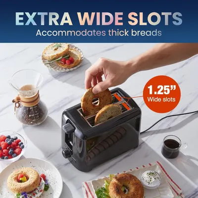 Communicates the specific slot width measurement to reassure shoppers that the toaster can accommodate thick breads and bagels. Highlights the key benefit of extra-wide slots that can fit thick…