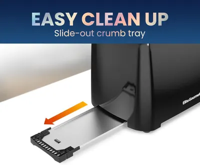 Highlights the convenience of the slide-out crumb tray feature, reassuring shoppers that cleanup is simple and hassle-free.