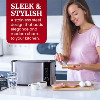 Communicates that the product features an elegant stainless steel design that adds modern charm and visual appeal to the kitchen.