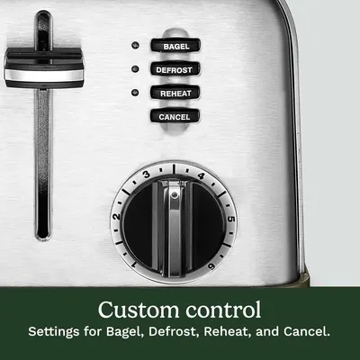 Highlights the toaster's control interface, showing the custom settings available (Bagel, Defrost, Reheat, Cancel) and the timer dial to reassure shoppers of the product's versatility and ease of use.