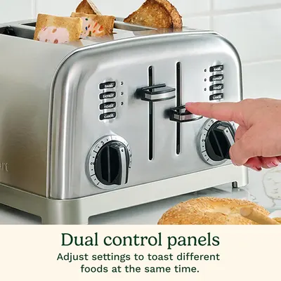 Highlights the dual control panel feature that allows users to independently adjust toasting settings for different foods simultaneously, emphasizing convenience and versatility.